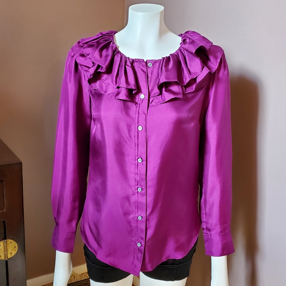 J CREW Collection silk twill ruffle neck shirt XS